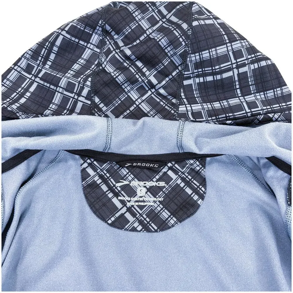 Brooks Running Jacket Men S Black Blue Plaid Hooded Windbreaker Lightweight Rain